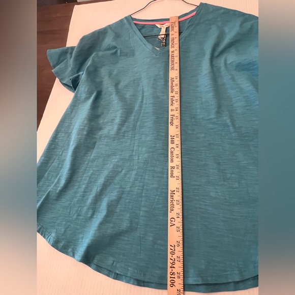 MATILDA JANE WOMEN’S TOP. SIZE XL. TURQUOISE TONES  RUFFLE STYLE SHORT SLEEVES - Picture 3 of 9